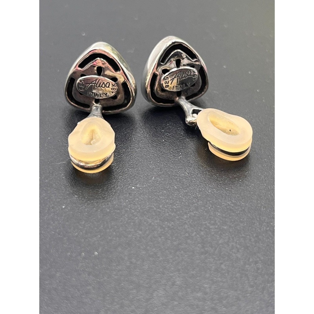 Alisa Italian Designer Sterling .925 & 18K Gold Ribbed Triangle Clip-On Earrings - Picture 3 of 8